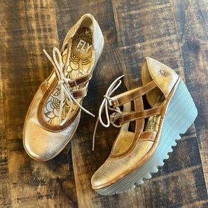 FLY LONDON Gold Metallic Mary Jane Wedges